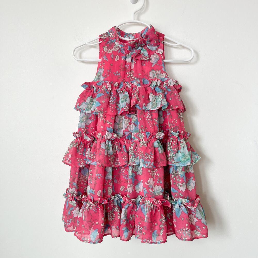 Janie and Jack Pint Tart Floral Tiered Ruffle Dress 2T Spring Easter Bow